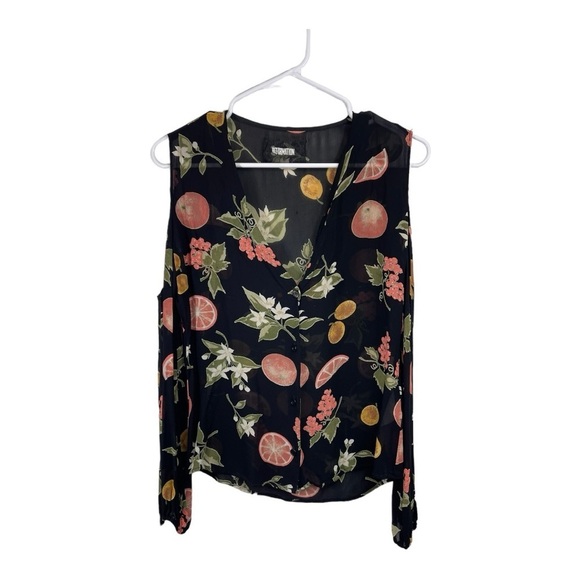 Reformation Size XS Cold Shoulder Sheer Fruit Print Floral Blouse Button front - Picture 2 of 7